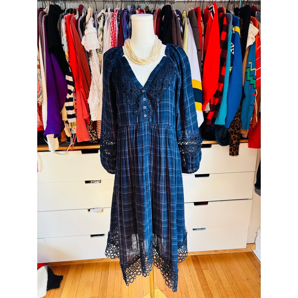 Anthro Akemi‎ + Kin Plaid Midi Dress Womens 10 Blue Crochet Lace Handkerchief
